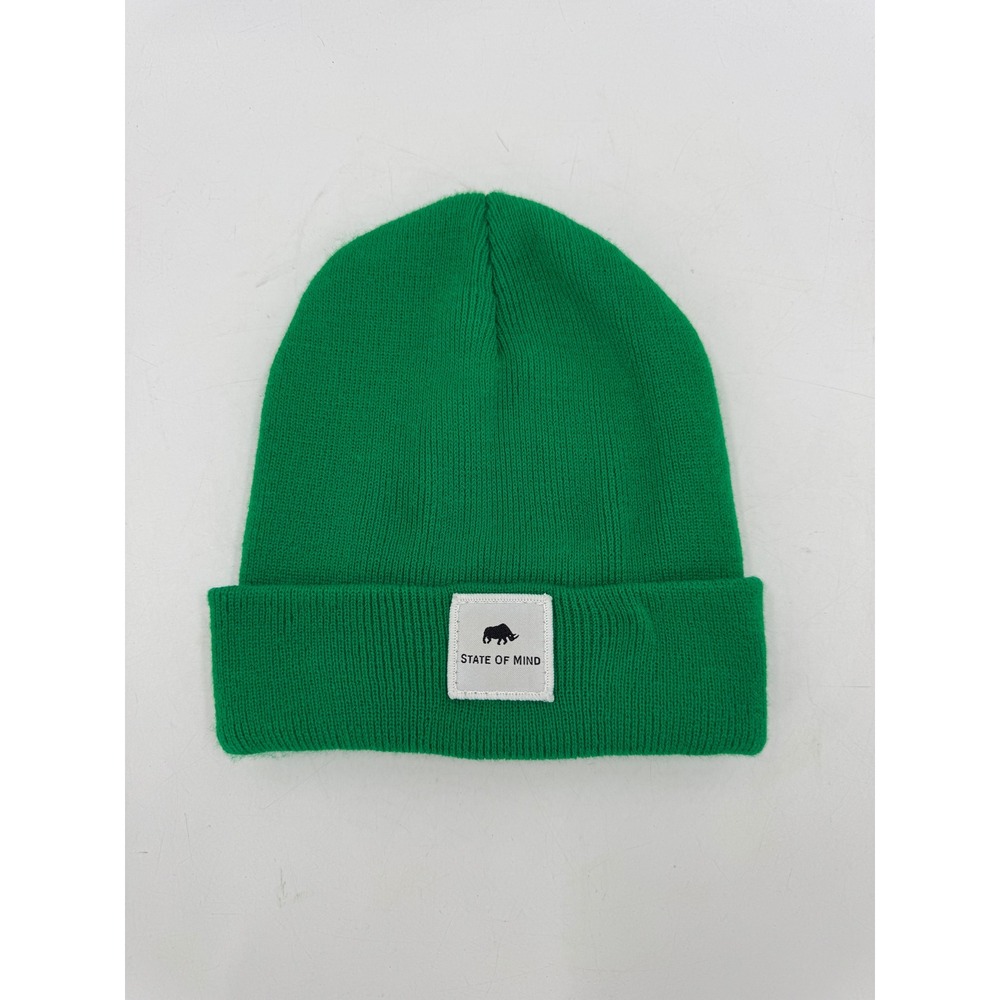 State of Mind Green Knit Beanie Rhino Logo Patch Cuffed Winter Hat Mens Womens